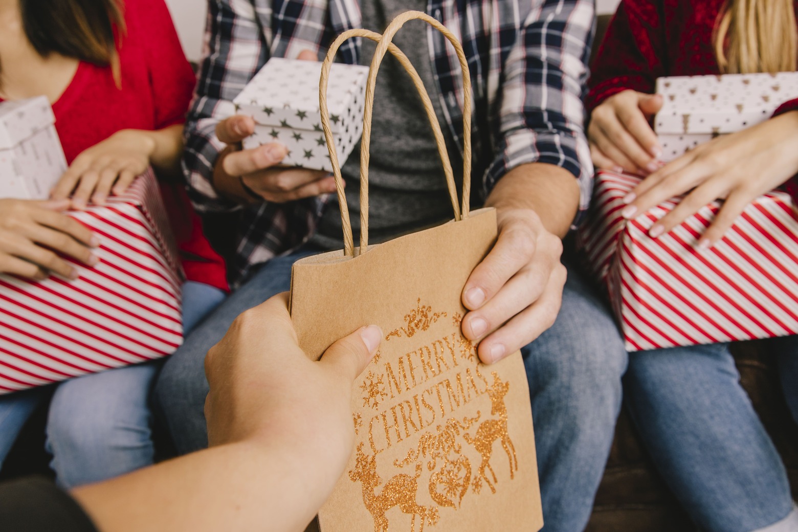 Christmas gifting concept with friends bag_