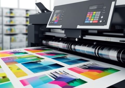 modern printing press produces multi colored printouts
