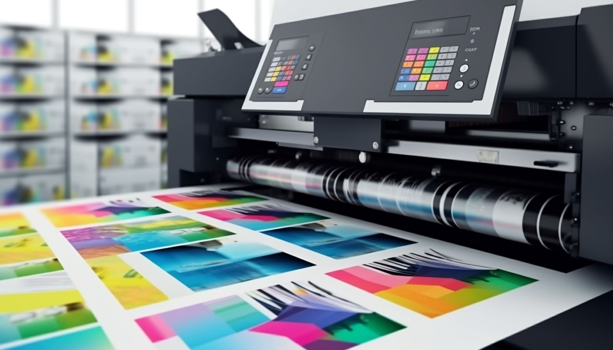 modern printing press produces multi colored printouts